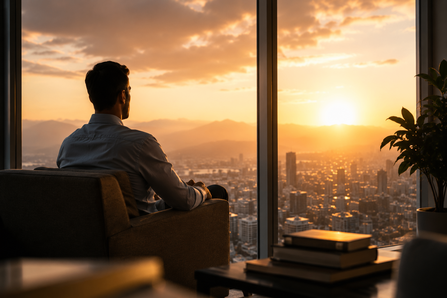 Warm interior overlooking a city at sunset